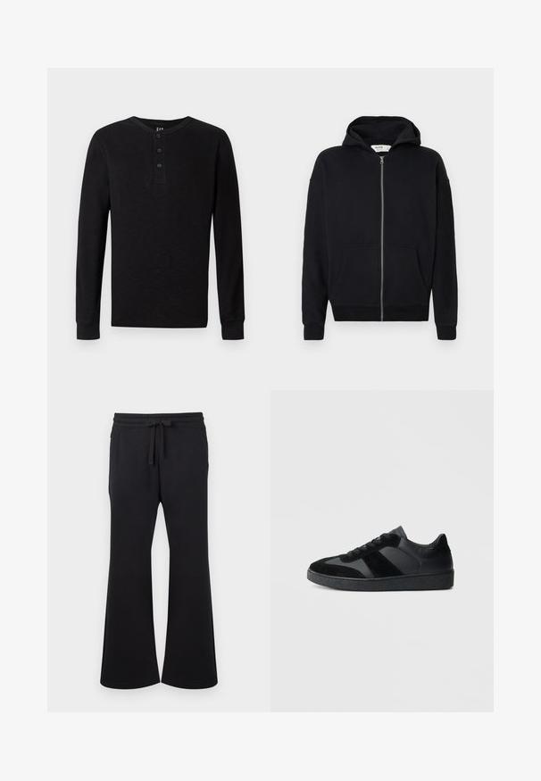 Sort zip-up hoodie med snøre i hætten, lange ærmer, frontlommer og ribbede manchetter. Lavet af blødt, struktureret stof.; Sort langærmet henley skjorte med tre-knaps placket ved halsen, blød tekstur og ribbede manchetter, der har en klassisk pasform og minimalistisk design.; Sorte brede bukser med snøre i taljen og sidelommer, lavet af blødt stof.; Sorte sneakers med en kombination af glat læder og ruskind, med en tekstureret sort gummisål og subtil stripingdetalje.