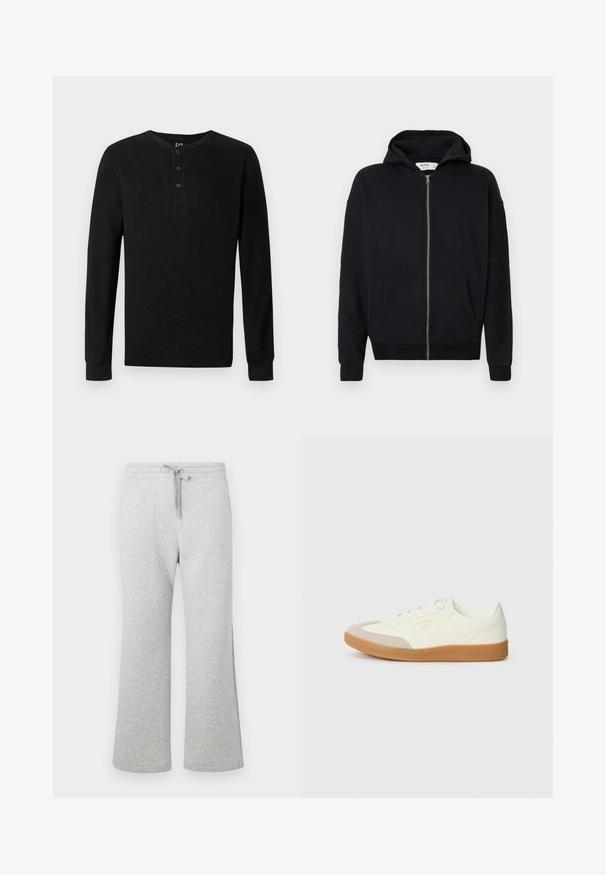 Sudadera negra con cremallera y capucha con cordón, mangas largas, bolsillos frontales y puños de ribete. Hecha de una tela suave y texturizada.; Camisa henley de manga larga negra con un botón de tres en el cuello, textura suave y puños acanalados, que presenta un corte clásico y un diseño minimalista.; Pantalones de chándal de mezcla de algodón gris claro con piernas rectas, cintura elástica, cordón de ajuste y bolsillos laterales, mostrados en posición plana sobre un fondo blanco.; Zapatilla de cuero blanca con puntera beige y suela de goma marrón claro. Presenta cordones planos blancos y una marca en relieve en el lateral.