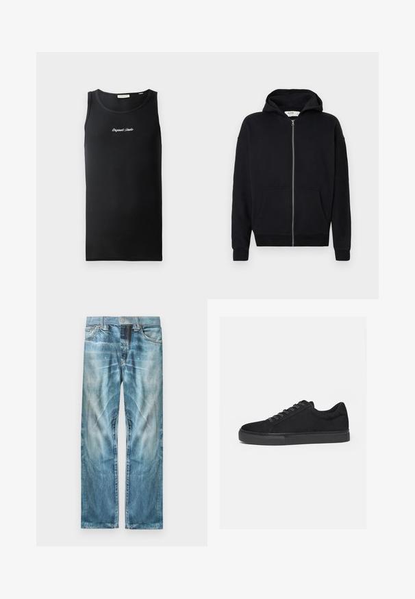 Sort zip-up hoodie med snøre i hætten, lange ærmer, frontlommer og ribbede manchetter. Lavet af blødt, struktureret stof.; Sort tanktop i ribbet stof. Har en rund halsudskæring og et lille hvidt "Originals Studio" logo på brystet.; Lyseblå falmede denimjeans med lige ben, forlommer, bæltestropper og knaplukning.; Sort lavtop sneaker med snørelukning foran og flad gummisål, vist fra siden på en hvid baggrund.