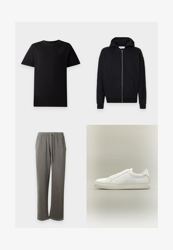 Haut à capuche noir zippé avec cordon de serrage, manches longues, poches avant et poignets côtelés. Fabriqué en tissu doux et texturé.; T-shirt en coton noir uni à manches courtes et col ras du cou, posé à plat sur un fond blanc.; Pantalon de survêtement en coton gris avec une taille élastique et un cordon de serrage, doté de poches latérales et d'une coupe décontractée sur les jambes.; Baskets blanches basses à lacets sur l’avant et semelle épaisse, vues de côté sur un fond neutre.