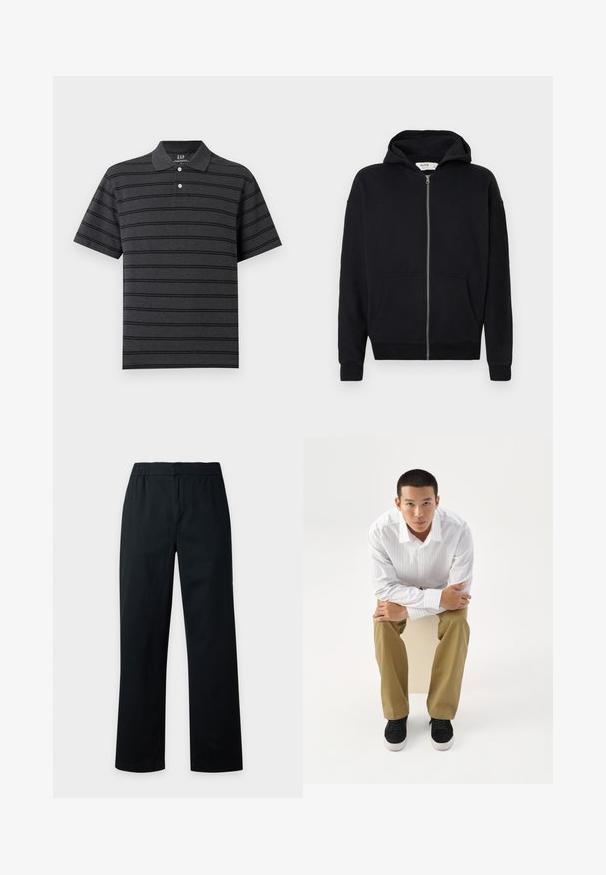 Haut à capuche noir zippé avec cordon de serrage, manches longues, poches avant et poignets côtelés. Fabriqué en tissu doux et texturé.; Polo à manches courtes gris foncé avec des rayures horizontales noires, deux boutons blancs au col et un col classique.; Pantalon noir droit avec taille élastique, sans poches visibles ni décorations, présenté sur un fond clair uni.; Jeune homme en chemise blanche rayée et pantalon kaki assis penché en avant sur un tabouret, bras croisés, regardant droit devant sur un fond blanc.