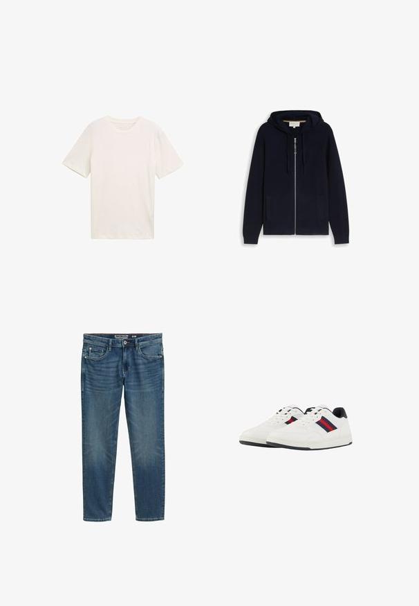 Mørk navy blå lynlåshætte med frontlommer og snore på hætten, lagt fladt på en hvid baggrund.; Kortærmet T-shirt med rund hals i off-white bomuld. Har en afslappet pasform med glat tekstur og ingen bemærkelsesværdige mønstre eller accenter.; Blå straight-leg jeans med lommer foran og bagpå, knaplukning og let falmet look på lår og knæ. Str. 31/32.; TOM TAILOR Sneakers - white navy