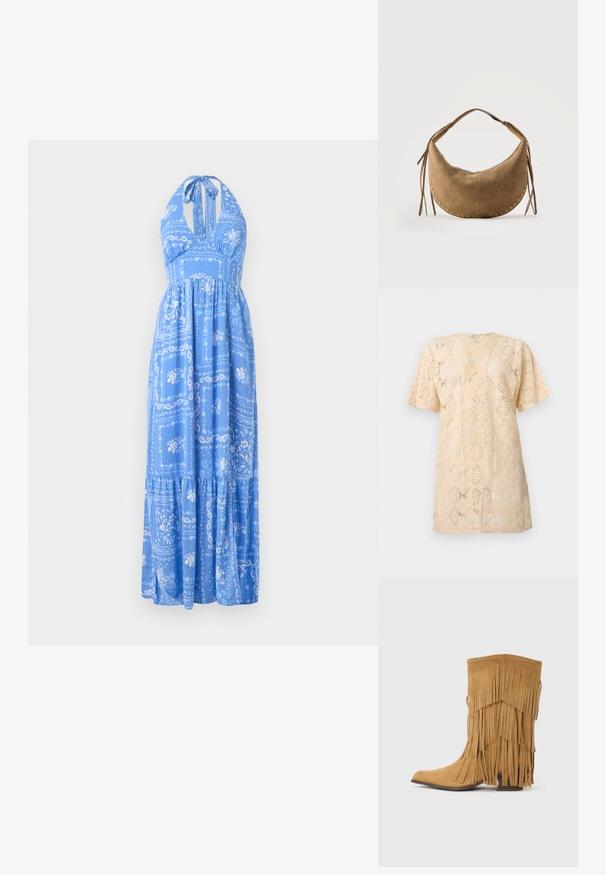 Cárdigan de encaje beige de manga corta con apertura frontal, con un intrincado estampado floral y un ajuste ligeramente holgado.; Vestido maxi azul con cuello halter, que presenta patrones florales y de paisley, falda con volantes y un corte holgado. Tela suave con una textura ligera.; Bota de ante color tostado hasta la mitad de la pantorrilla con capas de flecos y tacón de bloque apilado, mostrada en perfil lateral sobre un fondo liso.; Bolso crescentado de ante marrón con asa corta, tachuelas doradas a lo largo de los bordes y borlas de cuero a ambos lados.