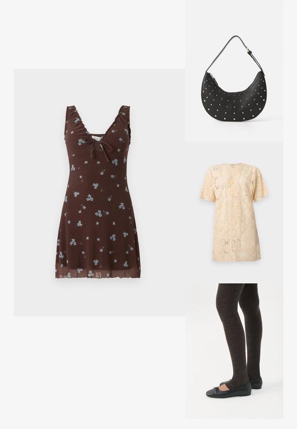 Cardigan en dentelle beige à manches courtes avec ouverture devant, motif floral complexe et coupe légèrement ample.; Robe marron sans manches avec petit imprimé floral bleu, bretelles froncées, col en V et détail noué à l'avant.; Jambes portant des leggings côtelés foncés associés à des ballerines noires avec de petits détails en nœud sur fond blanc.; Sac à main en cuir noir avec une forme arrondie, orné de clous en argent, doté d'une fermeture éclair et d'une seule sangle ajustable.