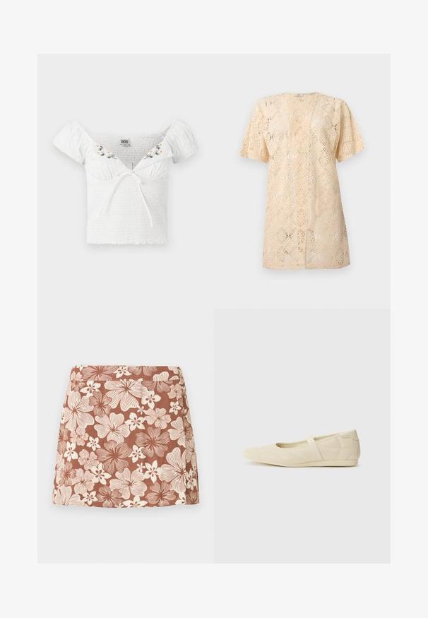 Cárdigan de encaje beige de manga corta con apertura frontal, con un intrincado estampado floral y un ajuste ligeramente holgado.; Top blanco sin mangas con tela fruncida, mangas cortas abullonadas, bordado floral en el escote y detalle de lazo en la parte delantera.; Minifalda marrón con estampado floral blanco que presenta flores grandes y pequeñas en un patrón repetitivo sobre una tela lisa.; Bailarinas beige con un exterior de cuero liso, punta en forma de almendra y una correa elástica en el empeine, con detalles de costura sutiles.