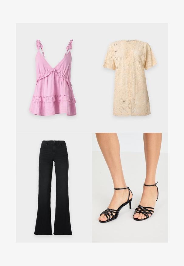 Beige cardigan med korte ærmer, åben foran, i blonder med et indviklet blomster mønster og en let løs pasform.; Lyserød, ærmeløs top lavet af blødt stof med flæse-detaljer langs udskæringen og kanten. Har et afslappet, lagdelt design.; Sorte højtaljede flared jeans med frontlommer, bæltestropper og knaplukning på en hvid baggrund.; Sorte ankelstropper højhælede sandaler med blank overflade. Ankelrem med spænde. Åben tå design med krydsdetaljer.