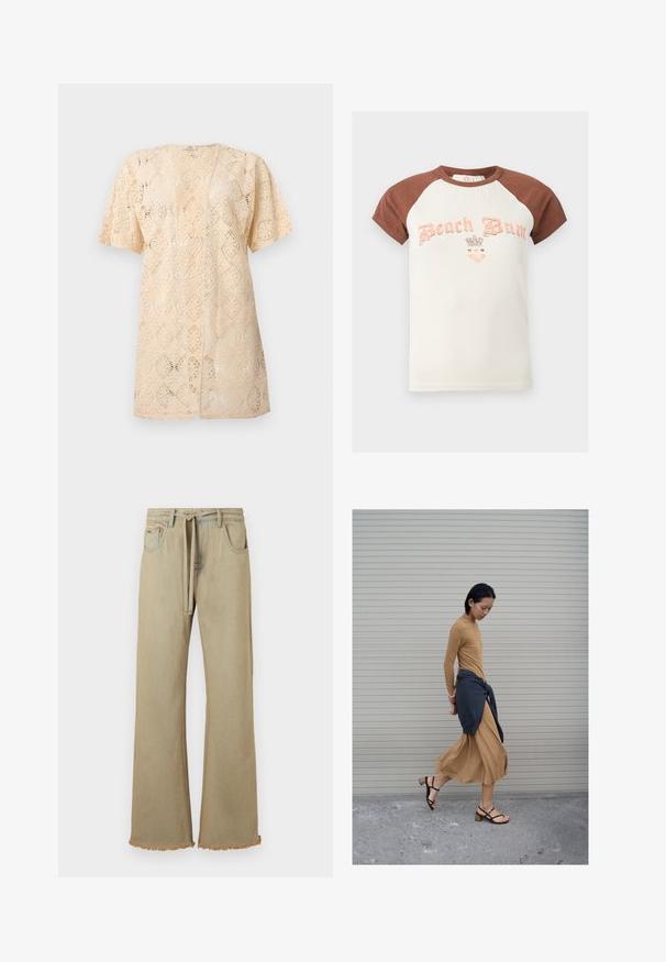 Beige open-front kanten cardigan met korte mouwen, een ingewikkeld bloemmotief en een iets lossere pasvorm.; Korte mouwen raglan T-shirt met bruine mouwen, crème kleurig lijf en de tekst "Beach Bum" met kroon- en hartgrafieken op de borst.; Beige wijde jeans met een rafelige zoom, gemaakt van denim, voorzien van een riem en vier zakken. Gladde textuur met zichtbare stikdetails.; Vrouw die loopt in een lange beige jurk en zwarte sandalen, met een donker vest om haar heupen gestrikt, tegen een achtergrond van een gesloten rolluik.