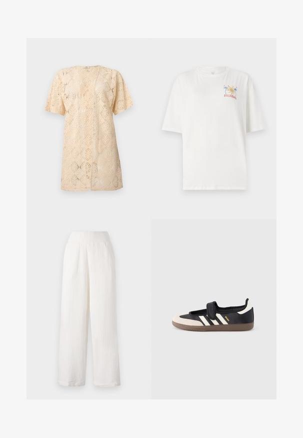 Cardigan en dentelle beige à manches courtes avec ouverture devant, motif floral complexe et coupe légèrement ample.; T-shirt en coton blanc à coupe décontractée, avec un logo coloré de Billabong représentant des palmiers et l'année "1973" brodé sur la poitrine gauche.; Pantalons larges blancs en tissu texturé et froissé. Dotés d'une taille élastique et de poches latérales pour plus de commodité.; Baskets noires et beiges avec une bride en velcro, trois bandes blanches sur le côté, et une semelle en caoutchouc marron texturée. Logo de la marque visible.
