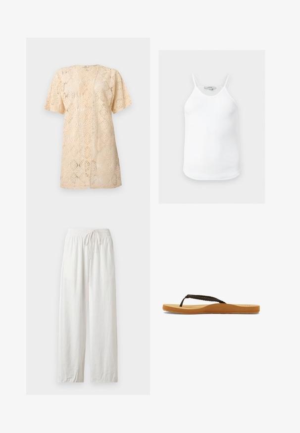 Cardigan en dentelle beige à manches courtes avec ouverture devant, motif floral complexe et coupe légèrement ample.; Débardeur blanc côtelé sans manches avec fines bretelles et ourlet arrondi, présenté à plat sur un fond neutre.; Pantalon ample en lin blanc avec taille élastique et cordon, présenté à plat sur un fond neutre.; Tongs à bride tressée marron avec une semelle souple et un pied en tan, dotées d'un design arrondi et d'une semelle en caoutchouc texturé pour une meilleure adhérence.