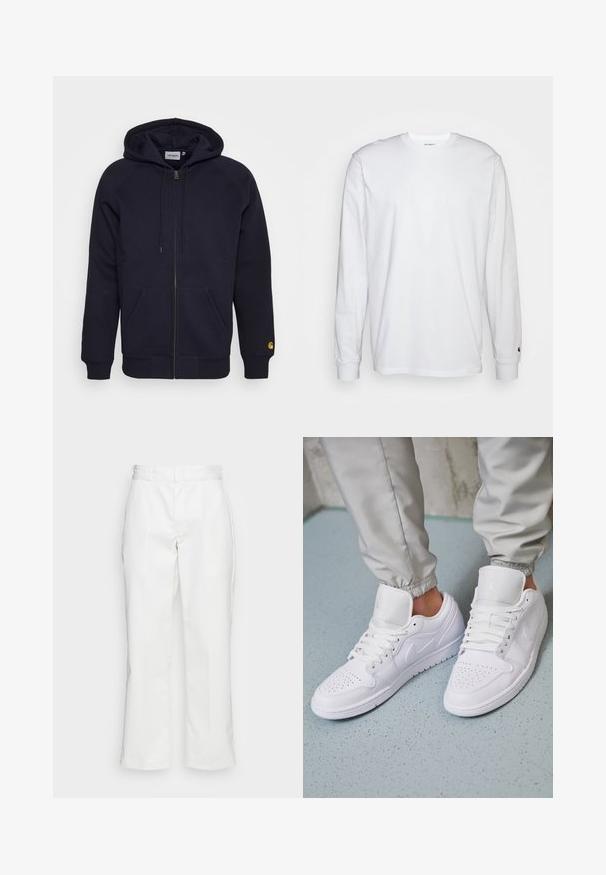 Carhartt WIP HOODED CHASE JACKET - Mikina so zipsom - dark navy/gold; Biela dlhá bavlnená tričko s dlhým rukávom. Dizajn s okrúhlym výstrihom a rebrovanými manžetami, malá nášivka na ľavom rukáve. Hladká textura.; Biele bavlnené nohavice s rovnými nohavicami, pútka na opasok a bočné vrecká, s hladkou textúrou a minimálnym detailovaním.; Biele kožené tenisky majú perforovaný špičku, ploché šnúrky, polstrovaný golier a logo Jordana na jazyku. Nosia sa s šedými joggermi.