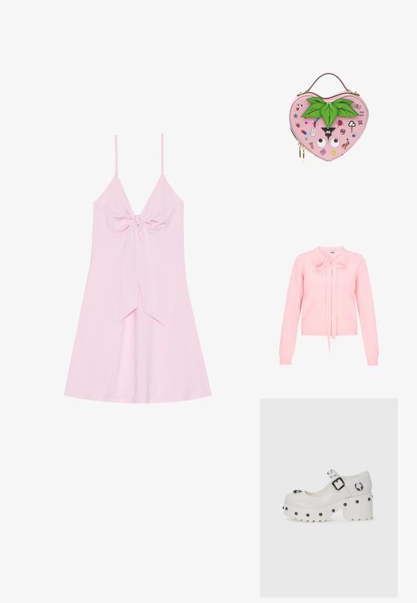 Roze gebreide trui met lange mouwen, een ronde kraag en een strik aan de voorkant. Heeft ribgebreide manchetten en zoom, met een gladde textuur.; Roze mouwloze jurk met een voorknoopdetail en een uitlopende rok. Gemaakt van zachte stof met een gladde textuur. Verstelbare dunne bandjes.; Witte plateau schoenen met een ronde neus, gespsluiting en ronde studs. Getextureerde zool met een lichte hak en decoratieve hardware-details.; Hartvormige roze handtas met groene blaadjes bovenop en verschillende kleurrijke cartoonpatches, waaronder ogen, een lieveheersbeestje en emoji's.