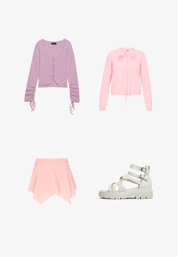 Roze gebreide trui met lange mouwen, een ronde kraag en een strik aan de voorkant. Heeft ribgebreide manchetten en zoom, met een gladde textuur.; Lilak lange mouwen cropped top met een vierkante hals, knoopsluiting aan de voorkant, ruches aan de randen en verstelbare strikdetails op de mouwen.; Lichtroze geplooide minirok met geplooide tailleband en asymmetrische zoom, gemaakt van doorschijnende, lichte stof.; Witte sandalen met bandjes en een dikke zool, met brede bandjes en verstelbare gespen. Gemaakt van glad synthetisch materiaal met een gestructureerde onderkant.