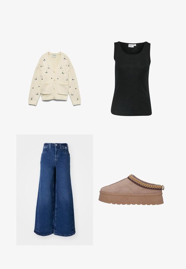 Cremefarbener Cardigan mit V-Ausschnitt, vier Knöpfen, zwei Fronttaschen und floraler Stickerei in Pink und Grün auf dem Stoff.; Schwarzes ärmelloses Oberteil aus leichtem Stoff. Hat einen runden Ausschnitt und einen geraden Saum. Das Etikett trägt die Aufschrift "Saint" mit Größenangabe.; Weite Jeans aus dunkelblauem Denim mit hoher Taille, vorderem Knopfverschluss und zwei vorderen Taschen. Glatte Textur mit minimaler Naht.; Braune Wildlederschlupfschuhe mit einer dicken, strukturierten Sohle, die eine kunstvolle gelbe und braune Stickerei entlang des oberen Randes aufweisen.