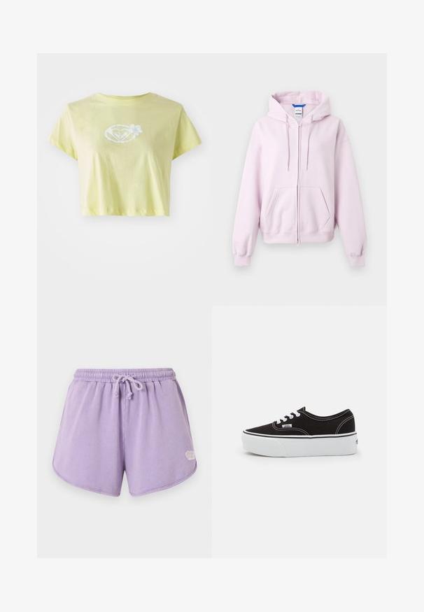 Lichtroze zip-up hoodie met capuchon, frontzakken en geribbelde boorden en zoom, weergegeven op een witte achtergrond.; lichtgele cropped T-shirt van katoen. Beschikt over een witte bloemenafbeelding in het midden van een hartvorm aan de voorkant.; Zachte lavendelkleurige terry katoenen shorts met elastische tailleband en trekkoord, afgeronde zoom en klein wit logo aan de onderzijde rechts.; Zwarte canvas sneaker met een witte rubberen platformzool, voorzien van witte veters en stiksels, iconische branding op de zijkant, low-top ontwerp.