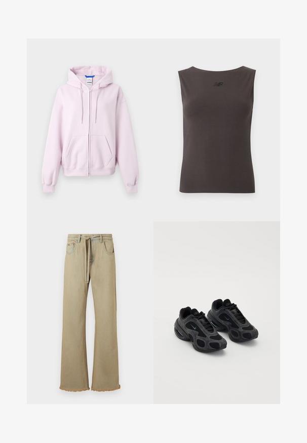 Hele roosa lukuga dressipluus kapuutsi, ees taskute ning soonikkoes varrukaotste ja alaäärega, esitatud valgel taustal.; Varrukateta tumehall sportlik tanktop ümar kaelusega ning väikese helkiva New Balance logo rinnaku keskel.; Beezid laiad püksid lõhiktehega, valmistatud denimist, millel on vöö ja neli taskut. Sile tekstuur koos nähtavate õmbluse detailidega.; Mustad mustad Nike spordijalatsid, millel on võrkpaneelid ja nahapaneelid, ainulaadsed lõikeavad ning pehmendatud kaelused. Küljel olevad läikivad aktsendid toovad esile kaasaegse disaini.