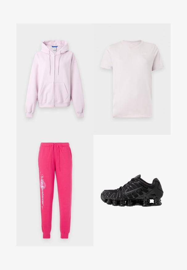 Hellrosa Zip-up-Hoodie mit Kapuze, Fronttaschen und gerippten Bündchen und Saum, auf weißem Hintergrund dargestellt.; Hellrosa Nike T-Shirt mit kurzen Ärmeln, Rundhalsausschnitt und kleinem weißen Nike-Logo auf der linken Brust.; Rosa Jogginghose aus weichem Material, mit einem Kordelzugbund, schmal zulaufenden Bündchen und weißem Grafikdruck auf dem linken Bein.; Schwarzer Sportschuh mit Mesh-Obermaterial und glänzenden Überzügen. Verfügt über eine geschwungene Spiraldämpfung und strukturierte Linien an der Seite. Nike-Logo sichtbar.