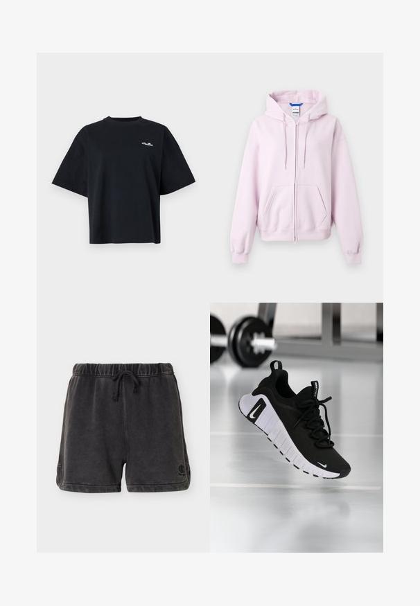 Sweat à capuche zippé rose clair avec capuche, poches avant et poignets et ourlet côtelés, présenté sur fond blanc.; T-shirt noir ample à manches courtes avec petit logo blanc "ellesse" sur la partie supérieure gauche de la poitrine et col rond.; Shorts décontractés noirs avec taille élastique et cordon de serrage, petit logo sur l'ourlet gauche, coupe décontractée et tissu doux.; Chaussure de sport noire avec une tige en tissu texturé, une semelle blanche et un système de laçage prononcé. Présente un logo Nike et un design doux et rembourré.