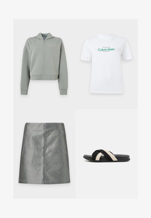 Vaaleanharmaa vetoketjullinen huppari, joka on valmistettu sileästä kankaasta ja jossa on etuvetoketju, huppu ja resorit hihansuissa. "Calvin Klein" -logo on kirjailtu rintaan.; Valkoinen lyhythihainen T-paita, jossa vihreä "Calvin Klein New York City Established 1968" -painatus rinnassa.; Harmaa hopeanhohtoinen farkkuhame, jossa on sileä pinta, kaksi sivutaskua ja kontrastisomisteet. Yksinkertainen, suora muotoilu ilman kuvioita.; Mustasukka ja kerma väriin kudottu liukusandaali, jossa on litteä kumipohja ja kaksi ristikkäin kudottua pehmeästä, teksturoidusta materiaalista valmistettua hihnaa.
