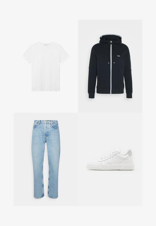 Sudadera con cremallera en color negro, hecha de un tejido suave. Presenta una cremallera delantera, bolsillos laterales y un logo en el pecho. Incluye cordones ajustables.; Camiseta de algodón blanca con cuello redondo, mangas cortas y un sutil detalle del logo en el pecho. Textura suave y ajuste estándar.; Jeans de mezclilla azul claro con corte recto, cintura alta, diseño de cinco bolsillos y detalles de costura visibles en las costuras y dobladillos.; Zapatillas de cuero blanca con un acabado suave, punta redondeada, cordones planos y una suela texturada. Acento de ante gris en el talón.