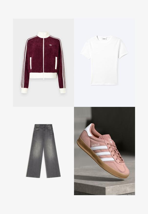 Donkerrode corduroy jas met ritssluiting en geribbelde witte accenten, voorzien van zijzakken en drie witte strepen op de mouwen. Klein logo op de borst.; Effen wit T-shirt met korte mouwen en ronde hals met een klein "WEEKDAY" label aan de binnenkant van de hals, plat neergelegd op een lichte achtergrond.; Wijd uitlopende, hooggesneden grijze spijkerbroek met vervaagde details, voorste knoopsluiting en ritssluiting, en zakken, op een witte achtergrond.; Roze suède sneakers met witte strepen, rubberen gumzool, gestructureerde bovenkant en logo op de tong. Klassiek low-top ontwerp.
