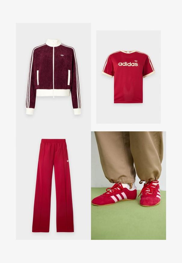 Merlotinpunainen corduroy-vetoketjutakki, jossa valkoiset resorikoristeet, sivutaskut ja kolme valkoista raitaa hihoissa. Pieni logo rinnassa.; Punainen Adidas verkkopaita, jossa on beigeä reunusta kauluksessa, hihoissa ja kolmessa raidassa olkapäillä, etupuolella Adidas-logo ja teksti.; Punaiset leveälahkeiset verkkarit, joissa on joustava vyötärönauha, sivuilla vetoketjulliset taskut, valkoiset raidat sivuilla ja pieni valkoinen logo vasemmassa reidessä.; Punainen mokkanahkainen urheilukenkä, jossa on valkoiset raidat, tasainen kumipohja ja punaiset kengännauhat. Yhdistetty beigeihin housuihin, sijoitettuna vihreälle pinnalle.