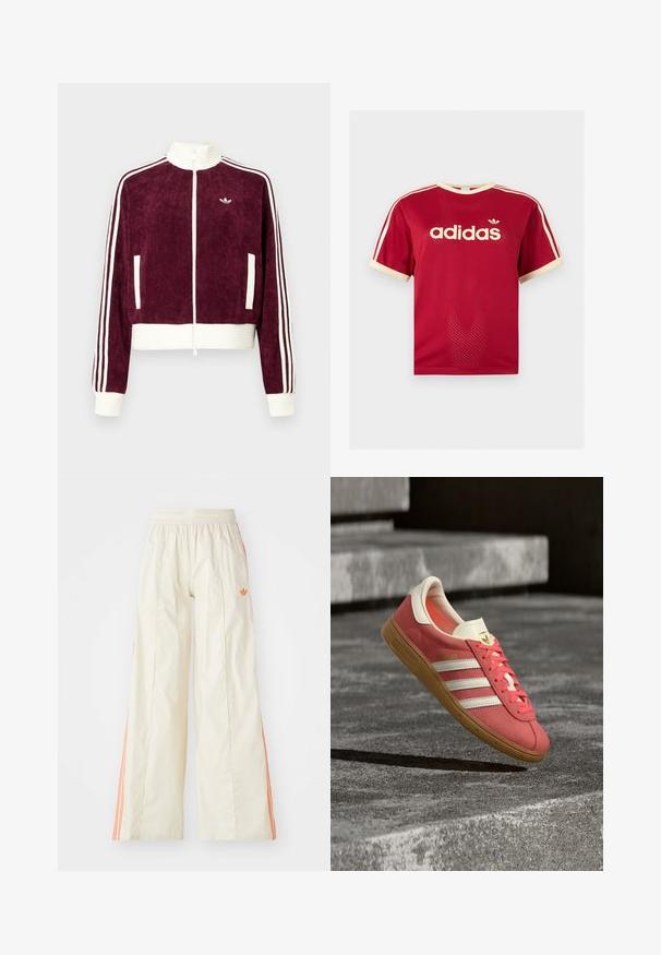 Vooderikkas veinist lukuga šokolaadipunane jakk valgete soontega, küljetaskud ja varrukaid kaunistavad kolm valget triipu. Väike logo rinnal.; Punane Adidas võrgust meeste särk beeži äärega krae, varrukate ja kolmekordsete triipude juures õlgadel, esiküljel Adidas logo ja tekstiga.; Kreemjas värvi laiade jalgadega püksid, millel on elastne vöökoht, oranžid küljeribad ja väike oranž logo ees.; Punane seemisnahast vabaajajalats valgete triipude ja kummist tallaga hõljumas betoonastmetest välitingimustes.