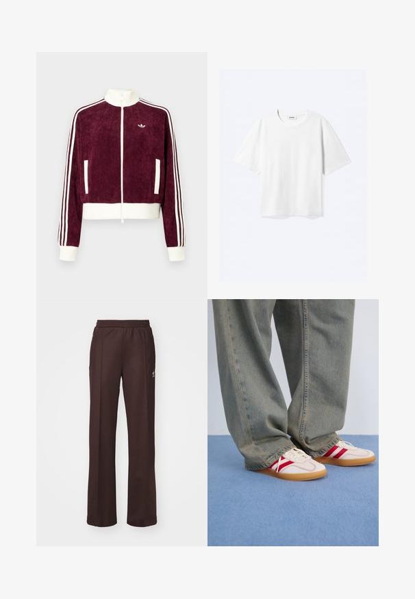 Chaqueta de pana granate con cremallera, detalles acanalados blancos, bolsillos laterales y tres rayas blancas en las mangas. Pequeño logo en el pecho.; Camiseta blanca de manga corta con cuello redondo y dobladillo recto, con etiqueta de la marca "WEEKDAY" dentro del escote.; Pantalones deportivos marrones con una cinturilla elástica, dos bolsillos laterales y un pequeño logo en el lado izquierdo, hechos de una tela suave.; Zapatillas blancas con rayas rojas, parte superior de lona texturizada, puntera redonda, suela plana de goma, combinadas con pantalones vaqueros azul claro y holgados.