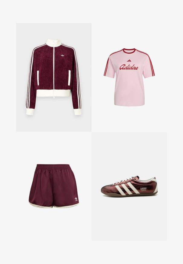 Veste zippée en velours côtelé marron avec accents blancs côtelés, dotée de poches latérales et de trois bandes blanches sur les manches. Petit logo sur la poitrine.; T-shirt Adidas rose clair avec col rouge, trois bandes rouges sur les manches et logo Adidas rouge avec inscription sur le devant.; adidas Originals SPRINTER - Short - maroon cream white; Baskets Adidas bordeaux métallisé profil bas avec des rayures blanches, des lacets et un marquage « Adidas Tokyo » sur le côté.