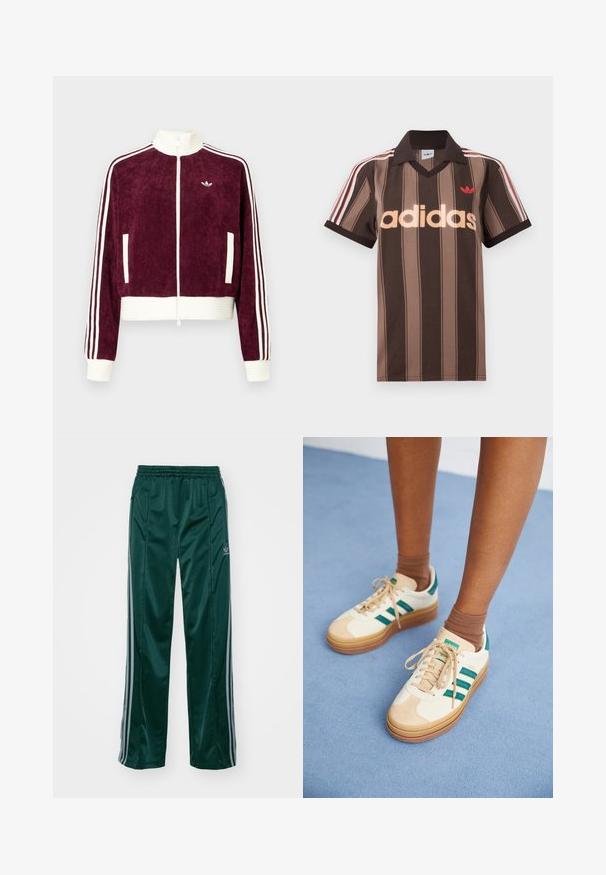 Maroon corduroy zip-up jacket with ribbed white accents, featuring side pockets and three white stripes on sleeves. Small logo on chest.; Brown striped Adidas polo shirt with a V-neck, burgundy collar, and red logo. Features white and red shoulder stripes, short sleeves.; Dark green athletic pants made of shiny material, featuring side stripes in light gray and an embroidered logo on the left leg.; Beige sneakers with dark green stripes, rubber sole, suede and textile upper, and neutral hardware, paired with brown socks on a light blue surface.