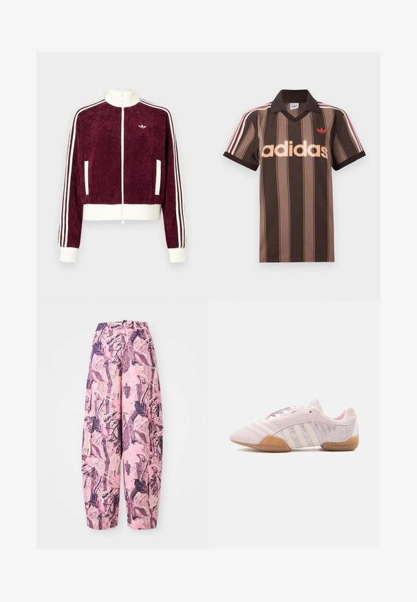 Merlotinpunainen corduroy-vetoketjutakki, jossa valkoiset resorikoristeet, sivutaskut ja kolme valkoista raitaa hihoissa. Pieni logo rinnassa.; Ruskearaidallinen Adidas-pikeepaita, jossa on V-aukko, viininpunainen kaulus ja punainen logo. Paidassa on valkoiset ja punaiset olkapääraidat sekä lyhyet hihat.; Vaaleanpunaiset ja violetti kuviolliset leveälahkeiset housut, joissa on lehdet ja oksat -kuvio, korkea vyötärö ja sivutaskut lisäämään käytännöllisyyttä.; Vaaleanpunainen mokkanahkainen lenkkari valkoisilla raidoilla, kumipohjalla ja teksturoiduilla sivupaneeleilla, esitetty sisäpuolelta valkoisella taustalla.