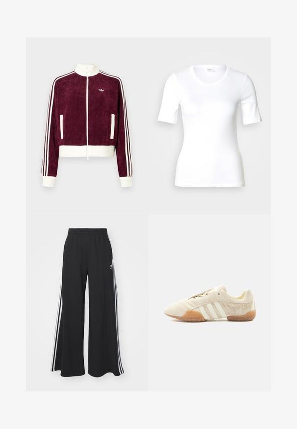 Chaqueta de pana granate con cremallera, detalles acanalados blancos, bolsillos laterales y tres rayas blancas en las mangas. Pequeño logo en el pecho.; Camiseta blanca de manga corta hecha de algodón liso, con escote redondo y forma ajustada. Diseño clásico, sin estampados ni adornos.; Pantalones negros de pierna ancha con cintura elástica, con tres rayas blancas a lo largo de los lados exteriores y un pequeño logotipo en la parte delantera.; Zapatilla beige de perfil bajo con tres franjas blancas, paneles laterales de ante texturizado, suela de goma y cierre con cordones sobre un fondo liso.