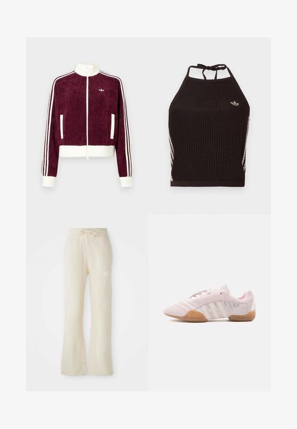 Merlotinpunainen corduroy-vetoketjutakki, jossa valkoiset resorikoristeet, sivutaskut ja kolme valkoista raitaa hihoissa. Pieni logo rinnassa.; Musta verkkohalkioinen crop-top piikkikuviolla. Siinä on vaaleanpunaiset korosteraita ja pieni logo edessä. Solmittava takaosa.; Housut kermanväriset, pehmeätekstuuriset, joissa on kiristettävä vyötärö ja levenevät lahkeet. Huomaamaton logo yksityiskohta vasemmalla lonkalla.; Vaaleanpunainen mokkanahkainen lenkkari valkoisilla raidoilla, kumipohjalla ja teksturoiduilla sivupaneeleilla, esitetty sisäpuolelta valkoisella taustalla.