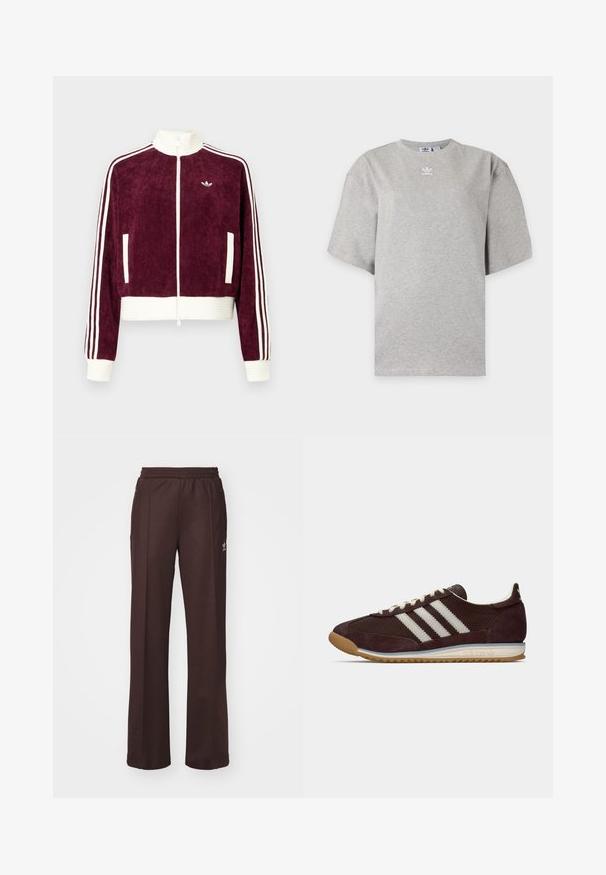 Maroonfarbene Cordjacke mit Reißverschluss aus Cordstoff, weiß gerippte Akzente, mit seitlichen Taschen und drei weißen Streifen an den Ärmeln. Kleines Logo auf der Brust.; Hellgraues Adidas T-Shirt mit kurzen Ärmeln, Rundhalsausschnitt und kleinem weißen Adidas-Logo auf der Brust, auf schlichtem Hintergrund dargestellt.; Braune Sporthose mit einem elastischen Bund, zwei Seitentaschen und einem kleinen Logo auf der linken Seite, gefertigt aus weichem Stoff.; Niedrig profilierter dunkelburgunderfarbener Adidas Sneaker mit weißen Streifen, cremfarbenen Schnürsenkeln und Gummisohle, seitliche Ansicht vor einfarbigem Hintergrund.