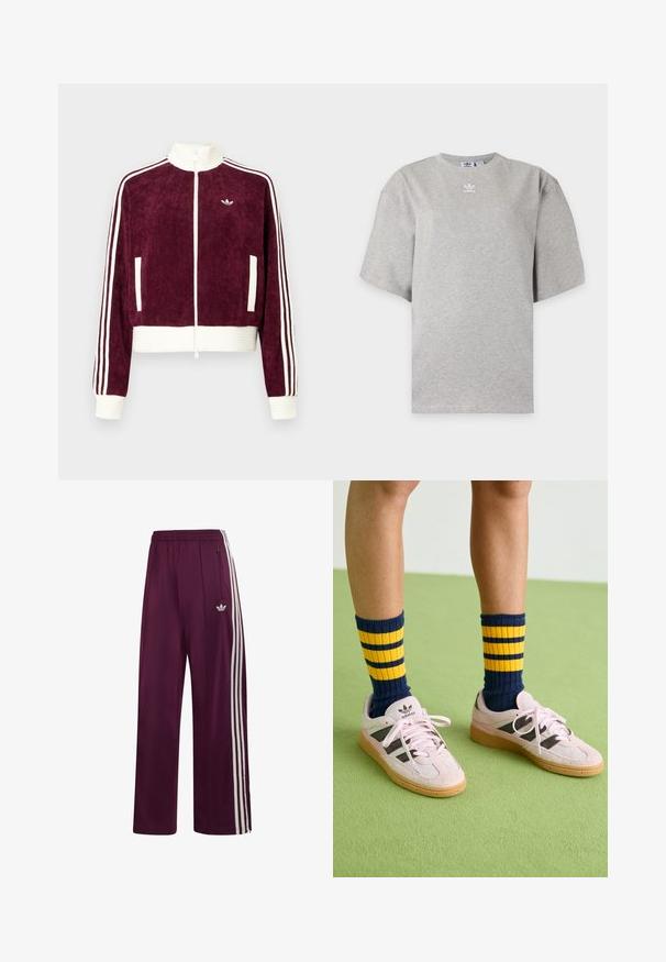 Vooderikkas veinist lukuga šokolaadipunane jakk valgete soontega, küljetaskud ja varrukaid kaunistavad kolm valget triipu. Väike logo rinnal.; Helehall Adidas lühikeste varrukatega t-särk, ümara kaelusega ja väikese valge Adidas logoga rinnal, esitatud lihtsal taustal.; Väikesed oranzid Adidas dressipüksid, millel on elastne vöökoht, kolm valget küljeriba, lukuga tasku ja vasakul reiel tikitud logo.; Kerged roosa seemisnahast tossud mustade triipudega ja kummist tallaga, koos tumesiniste ja kollaste triipudega ribakudumiga sokkidega. Roheline tekstuuriga põrand.