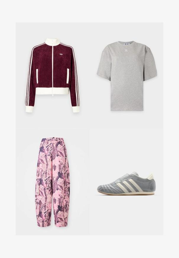 Vinrød fløjlsjakke med lynlås og ribstrikkede hvide detaljer, der har sidelommer og tre hvide striber på ærmerne. Lille logo på brystet.; Lysegrå Adidas T-shirt med korte ærmer, rund hals og lille hvid Adidas-logo på brystet, vist på en ensfarvet baggrund.; Lyserøde og lilla mønstrede vide bukser har et blad- og grenmønster, med høj talje og sidelommer for ekstra funktionalitet.; adidas Originals TAEKWONDO W - Sneakers - silver metallic/off white