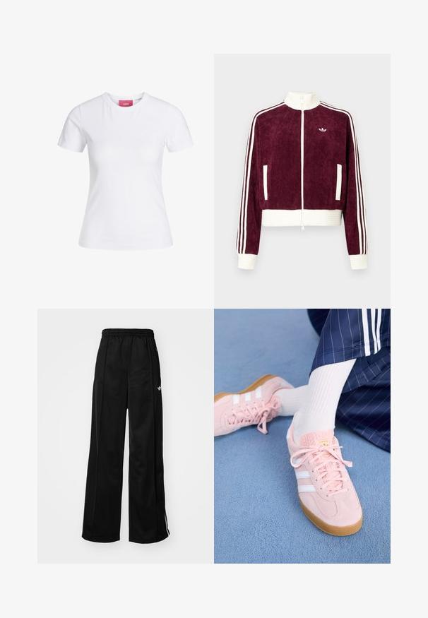 Donkerrode corduroy jas met ritssluiting en geribbelde witte accenten, voorzien van zijzakken en drie witte strepen op de mouwen. Klein logo op de borst.; Witte, nauwsluitende T-shirt met korte mouwen en ronde hals, met een roze JJXX-label aan de binnenkant van de kraag, afgebeeld tegen een effen achtergrond.; Zwarte wijde trainingsbroek met een elastische tailleband, voorzien van witte zijkanten en een klein logo op de linker heup. Stevige stoftextuur.; Lichtroze suède sneakers met witte strepen en veters, voorzien van een gestructureerde tong en een gumzool, geplaatst op een blauwe tapijt.