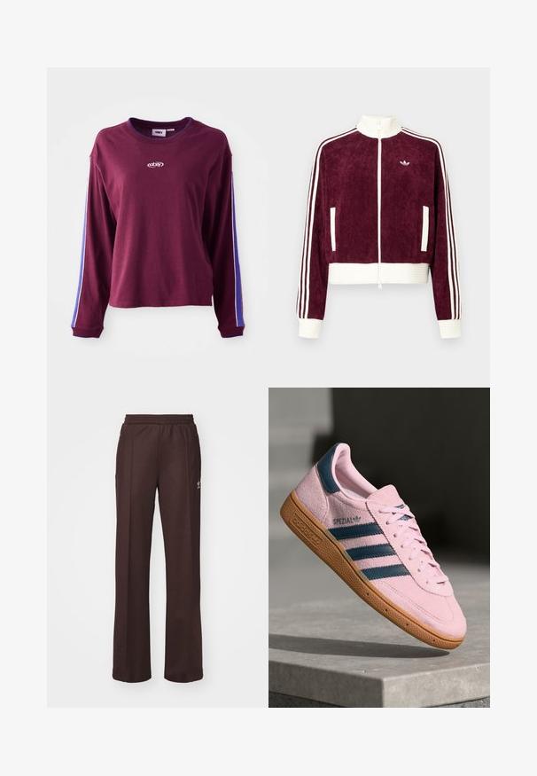Merlotinpunainen corduroy-vetoketjutakki, jossa valkoiset resorikoristeet, sivutaskut ja kolme valkoista raitaa hihoissa. Pieni logo rinnassa.; Burgundy pitkähihainen paita, joka on valmistettu puuvillasta. Paidassa on sinisiä ja valkoisia raitoja hihansuissa sekä logo keskellä. Normaali istuvuus.; Ruskeat urheiluhousut, joissa on joustava vyötärö, kaksi sivutaskua ja pieni logo vasemmalla puolella, valmistettu pehmeästä kankaasta.; Vaaleanpunainen mokkanahkainen lenkkarit tummansinisin kolmella raidalla, kumipohjalla ja vaaleanpunaisilla nauhoilla. Sivussa on "SPEZIAL"-brändäys.