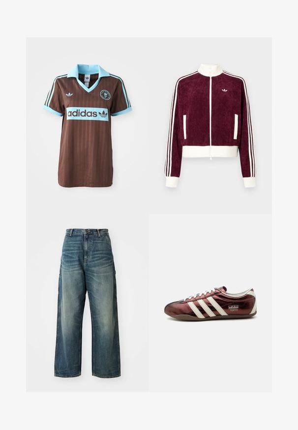 Donkerrode corduroy jas met ritssluiting en geribbelde witte accenten, voorzien van zijzakken en drie witte strepen op de mouwen. Klein logo op de borst.; Bruine sporttrui met een lichtblauwe kraag en gestreepte accenten. Het "Adidas" logo is prominent op de borst afgebeeld.; Wijd uitgesneden denim jeans in een vervaagde blauwe wassing. Bevat een knoopsluiting, vijf zakken en zichtbare stiksels. Materiaal heeft een zachte textuur.; Lage metallic bordeauxkleurige Adidas sneaker met witte strepen, veters en "Adidas Tokyo" merk aan de zijkant.