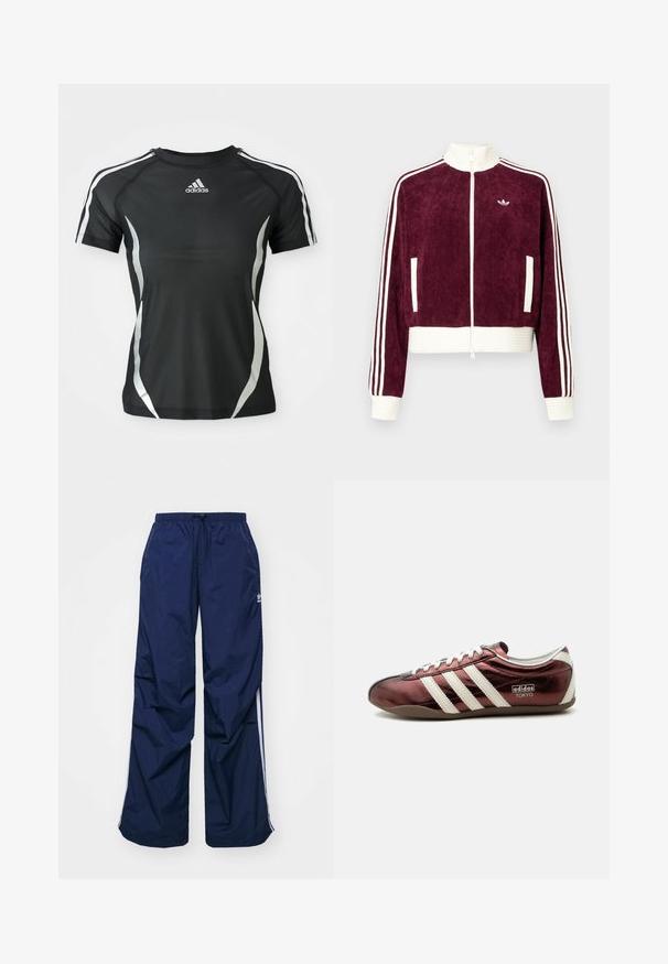 Merlotinpunainen corduroy-vetoketjutakki, jossa valkoiset resorikoristeet, sivutaskut ja kolme valkoista raitaa hihoissa. Pieni logo rinnassa.; Mustapohjainen Adidas lyhythihainen urheilupaita, jossa on valkoiset raidat harteilla ja hopeiset kaarevat yksityiskohdat sivuilla.; Laivastonsiniset, kevyet, kuminauhavyötäröllä varustetut housut, joissa kiristysnaru, valkoiset sivuraidat ja pieni logo edessä. Löysä istuvuus.; Matalaprofiilinen metallinhohtoinen burgundinpunainen Adidas-tennari, jossa valkoiset raidat, nauhat ja sivussa oleva "Adidas Tokyo" -merkintä.