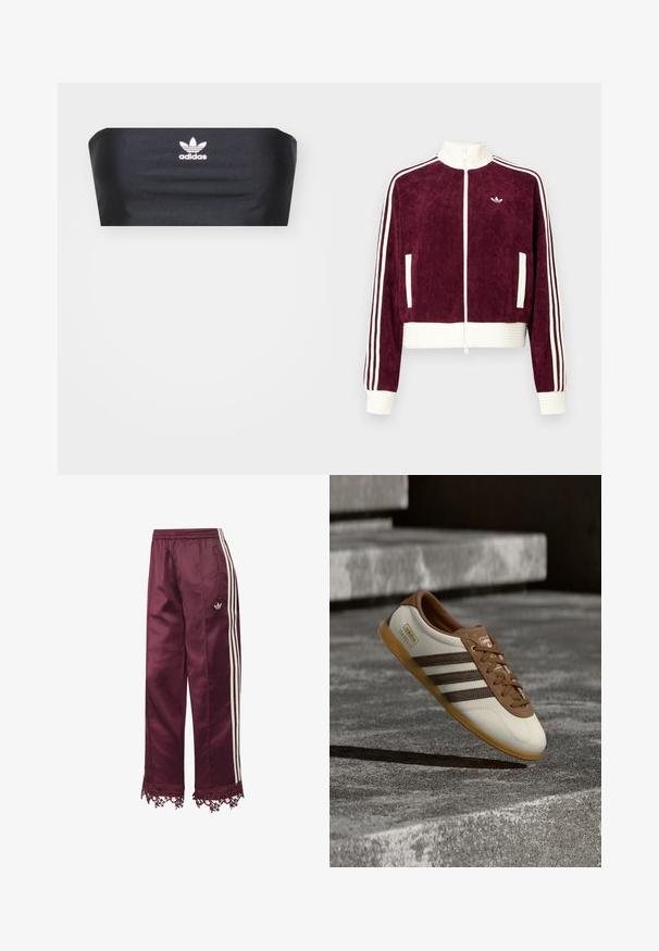 Merlotinpunainen corduroy-vetoketjutakki, jossa valkoiset resorikoristeet, sivutaskut ja kolme valkoista raitaa hihoissa. Pieni logo rinnassa.; Mustat bandeau-top, joka on valmistettu sileästä kankaasta. Etupuolella keskellä on valkoinen Adidas-logo, eikä siinä ole muita kuvioita tai koristeita.; Purppuranpunaiset satiinihousut, joissa valkoiset sivuraitarit, joustava vyötärö, vetoketjutaskut ja pitsikoriste helmassa.; Valkoinen ja ruskea Adidas Gazelle -tennari kuminauhapohjalla kelluu kivisten portaiden ja maan yllä ulkoilmassa.