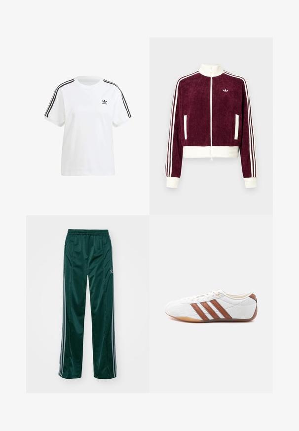 Donkerrode corduroy jas met ritssluiting en geribbelde witte accenten, voorzien van zijzakken en drie witte strepen op de mouwen. Klein logo op de borst.; Witte katoenen t-shirt met korte mouwen, een ronde hals en zwarte verticale strepen op de schouders, met een klein zwart logo op de borst.; Donkergroene sportbroeken van glanzend materiaal, met zijstrepens in lichtgrijs en een geborduurd logo op het linkerbeen.; Witte lage sneaker met bruine leren strepen, veterluiting en een zool van gumrubber, gezien vanaf de binnenkant op een witte achtergrond.