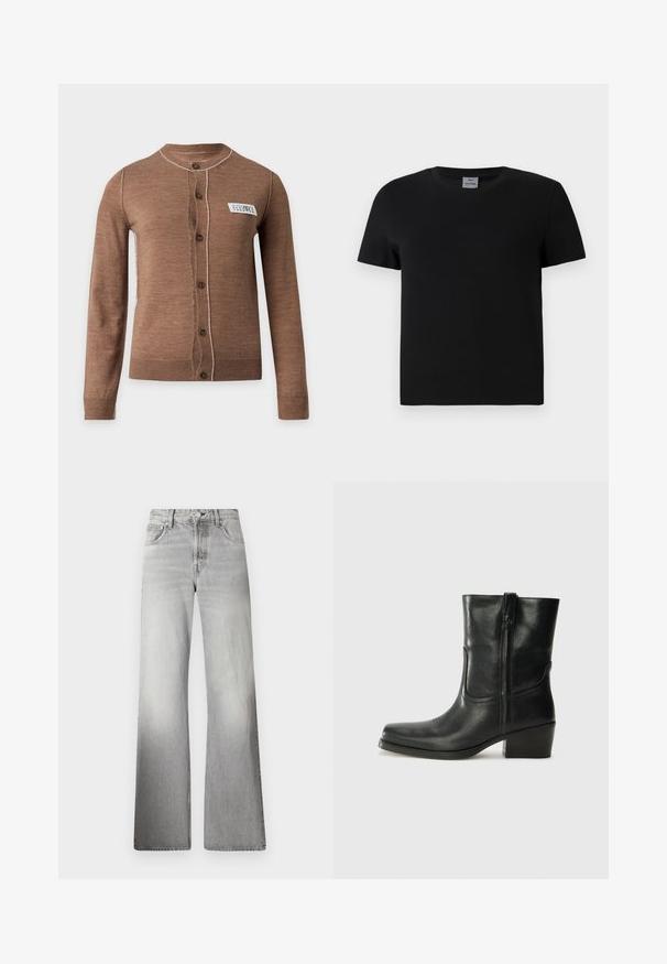 Brun langærmet knappet cardigan med hvide syninger og en lille hvid rektangulær label på venstre bryst.; Sort bomulds t-shirt med rund hals og korte ærmer. Enkel design, ingen mønstre eller detaljer, med lige skæring ved taljen.; Grå denim brede ben jeans med høj talje, falmet tekstur, fem lommer og lynlås med knaplukning.; Sort læder ankelstøvle med rundt tå, blokhæl, lynlås i siden og stikninger på vampsiden. Glat tekstur, klassisk design.