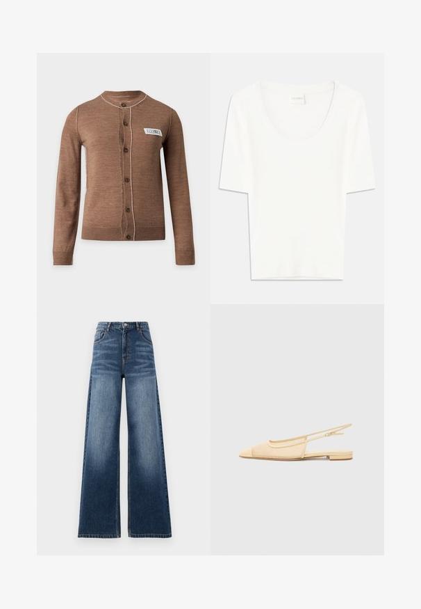Cardigan marron à manches longues boutonné avec des surpiqûres blanches et une petite étiquette blanche rectangulaire sur la poitrine gauche.; T-shirt blanc à manches courtes avec un col rond. Fabriqué en coton doux, il présente une coupe décontractée et un design minimaliste.; Jeans en denim à jambes larges de couleur bleu moyen, avec une taille haute, des dégradés, et un design classique à cinq poches avec des accents cousus.; Chaussure plate slingback en beige clair avec une tige en maille, un bout pointu et un petit talon. Dotée d'une sangle ajustable pour un bon maintien.
