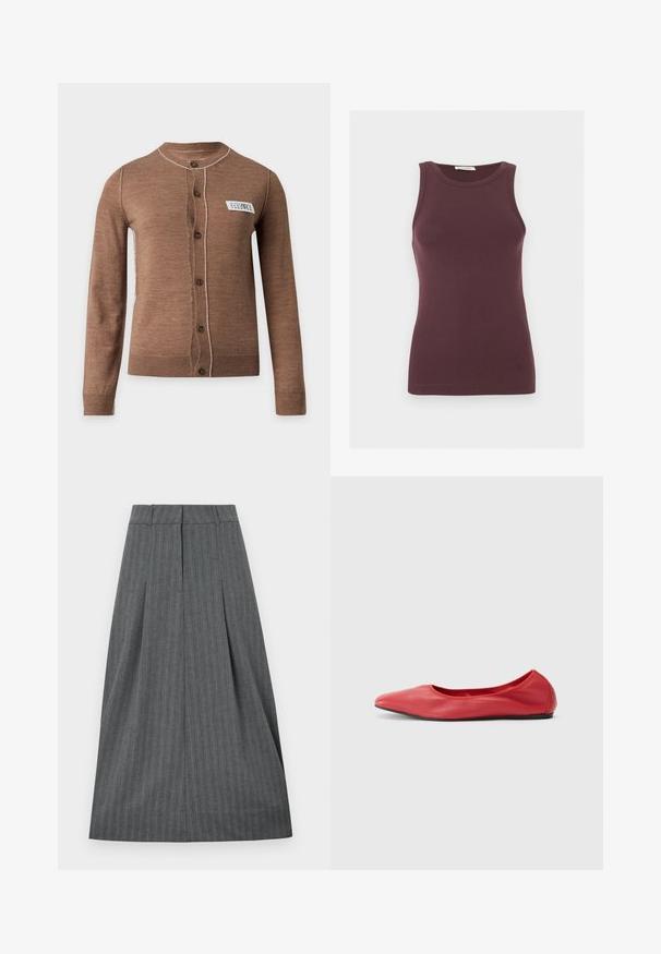 Cardigan marron à manches longues boutonné avec des surpiqûres blanches et une petite étiquette blanche rectangulaire sur la poitrine gauche.; Débardeur ajusté sans manches de couleur violet foncé avec un col rond et un logo discret près de l'ourlet, présenté sur un fond clair uni.; Jupe plissée grise avec une ceinture ajustée, motif à rayures verticales et silhouette fluide. Texture lisse et longueur au genou.; Filippa K REY FLATS - Ballerines - bright red