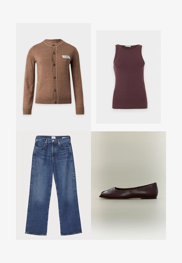 Bruine langarmige vest met knopen, witte stiknaden en een klein wit rechthoekig label op de linkerborst.; Mouwloze donkerpaarse aansluitende tanktop met ronde halslijn en subtiel logo bij de zoom, weergegeven op een effen lichte achtergrond.; Citizens of Humanity ANNINA - Straight leg jeans - westwood dark indigo; Donkerbruine leren platte schoen met open teen en lage hak op een effen lichte achtergrond.
