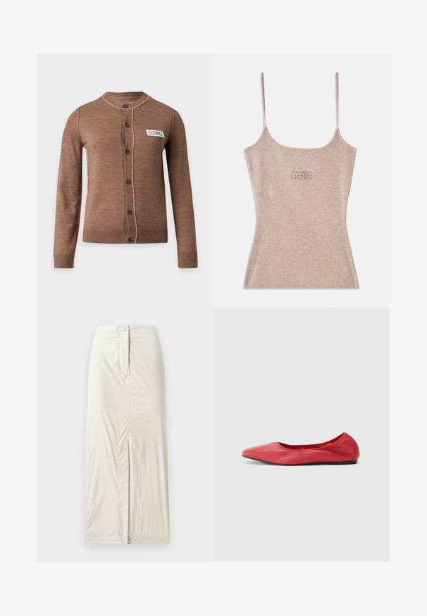 Cardigan marrón de manga larga con botones, costuras blancas y una pequeña etiqueta rectangular blanca en el pecho izquierdo.; Top sin mangas beige acanalado con tirantes delgados ajustables. Presenta un escote cuadrado y un pequeño detalle impreso cerca del centro.; Falda de longitud hasta la rodilla en beige claro, hecha de una tela suave y texturizada. Presenta una abertura en la parte frontal y un cierre de botón en la cintura.; Filippa K REY FLATS - Bailarinas - bright red