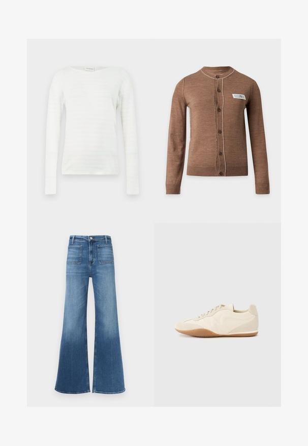 Cardigan marron à manches longues boutonné avec des surpiqûres blanches et une petite étiquette blanche rectangulaire sur la poitrine gauche.; Chemise blanche à manches longues avec de fines rayures horizontales roses, dotée d'un col en V et d'une coupe décontractée. Texture douce, style casual.; Jean en denim bleu évasé avec taille mi-haute, cinq poches et un délavage usé. Comporte des passants de ceinture et une fermeture à un bouton.; Baskets beige clair avec une tige en cuir texturé, des panneaux latéraux texturés et une semelle en caoutchouc. Dotées d'un design fin et épuré ainsi que de lacets plats.
