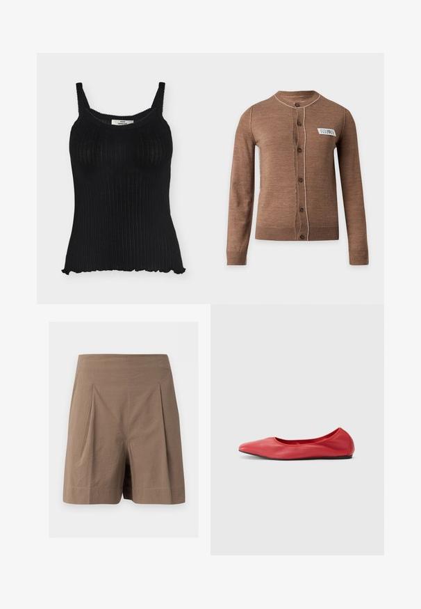 Cardigan marron à manches longues boutonné avec des surpiqûres blanches et une petite étiquette blanche rectangulaire sur la poitrine gauche.; Débardeur en maille côtelée noire avec fines bretelles et bords festonnés le long de l'encolure et de l'ourlet.; Shorts taille haute texturés marron avec plis à l'avant, ourlet droit et coupe ajustée.; Filippa K REY FLATS - Ballerines - bright red