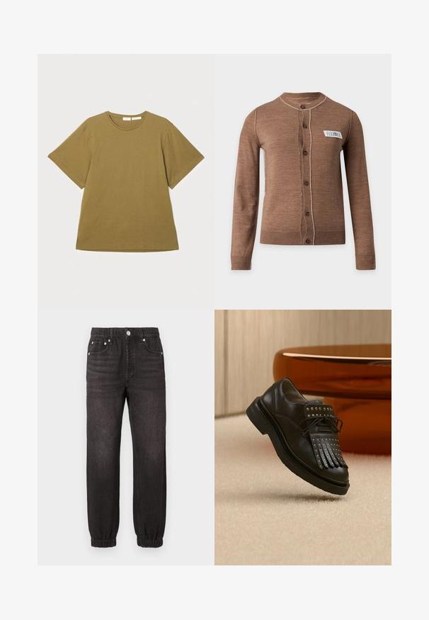 Cardigan marron à manches longues boutonné avec des surpiqûres blanches et une petite étiquette blanche rectangulaire sur la poitrine gauche.; T-shirt vert olive à manches courtes en tissu doux, avec un col rond et une coupe décontractée, présenté sur un fond blanc.; Pantalon de jogging en jean noir avec une taille élastique, un ourlet resserré, deux poches avant et des détails de surpiqûres contrastées.; Chaussure en cuir noire à lacets avec franges décoratives et clous métalliques posée sur un tapis beige près d'un meuble marron.