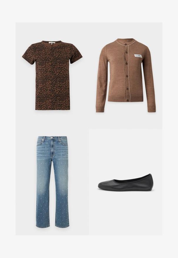 Cardigan marron à manches longues boutonné avec des surpiqûres blanches et une petite étiquette blanche rectangulaire sur la poitrine gauche.; T-shirt marron avec un motif léopard noir, col rond, manches courtes, en tissu doux, présentant une coupe décontractée sans éléments métalliques visibles.; Jean en denim bleu avec une coupe droite, présentant un motif en pointillé de petites décorations argentées et un design classique à cinq poches.; Ballerines en cuir noir avec un bout rond, texture lisse, détails de couture minimalistes et design de semelle flexible.